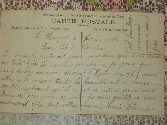Texte de la vieille carte, signé par Marie Villemin, soeur jumelle d'Eugène